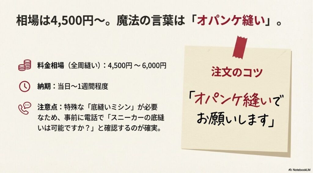 修理費用の相場（4,500円〜）と、修理店での注文時に「オパンケ縫い」と伝えるコツをまとめたスライド。