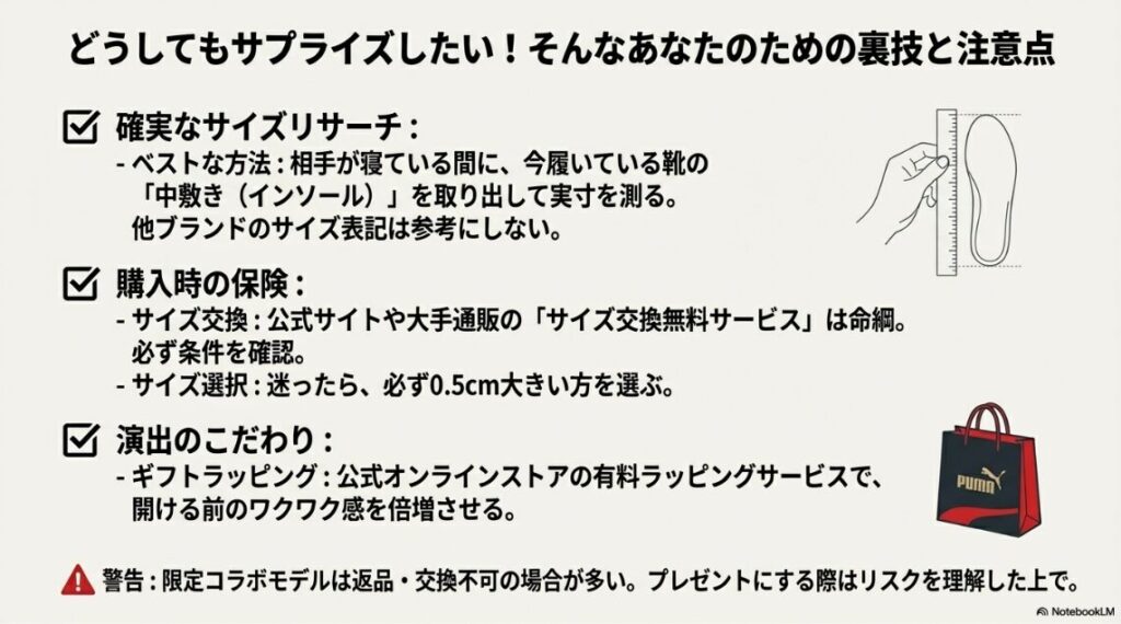 中敷きの長さを定規で測っているイラストと、プーマのギフトバッグのイラスト。「どうしてもサプライズしたい！そんなあなたのための裏技」という解説。
