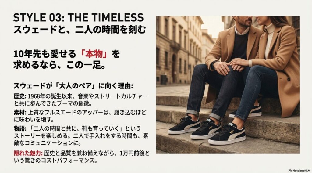 石階段に座り、黒のプーマ スウェードを履いたカップルの写真。「THE TIMELESS 10年先も愛せる本物を」というキャッチコピー。