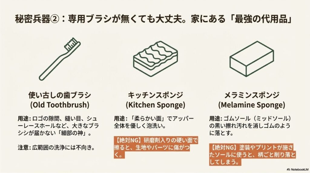 スエード素材の汚れをかき出すためのブラッシング方法と、水濡れ厳禁の注意点を解説したスライド。
