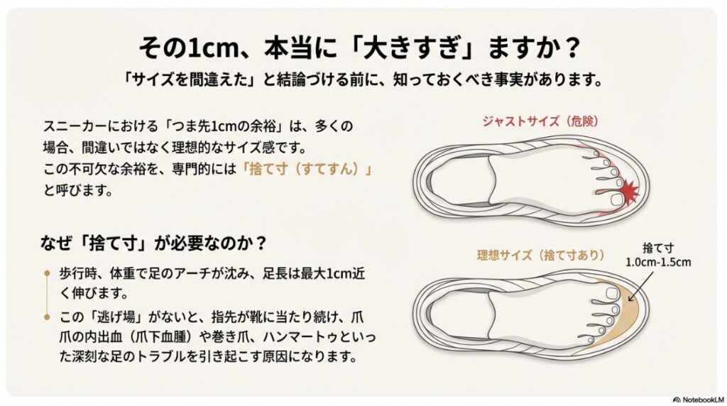 足の骨格図解。つま先に1.0cm〜1.5cmの捨て寸がある状態が理想的であることを示している。
