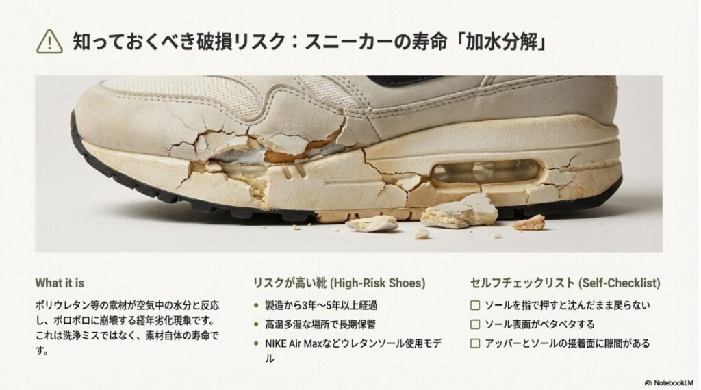 加水分解を起こし、ミッドソールがボロボロに崩れてしまったナイキ・エアマックスの写真と、リスクが高い靴のセルフチェックリスト。