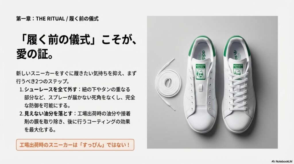 新しいスニーカーのシューレースを全て外し、見えない油分を落とすという「履く前の儀式」の2つのステップ解説。