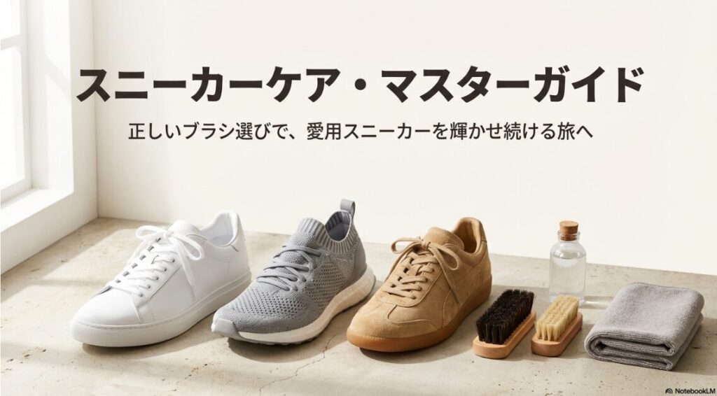 スニーカーをブラシで洗っている様子と、正しい道具選びが生地の傷みを防ぐという解説スライド。