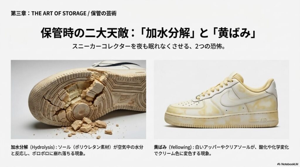 加水分解でボロボロになったソールと、黄ばんでしまったエアフォース1の画像。保管時の二大天敵についての解説。