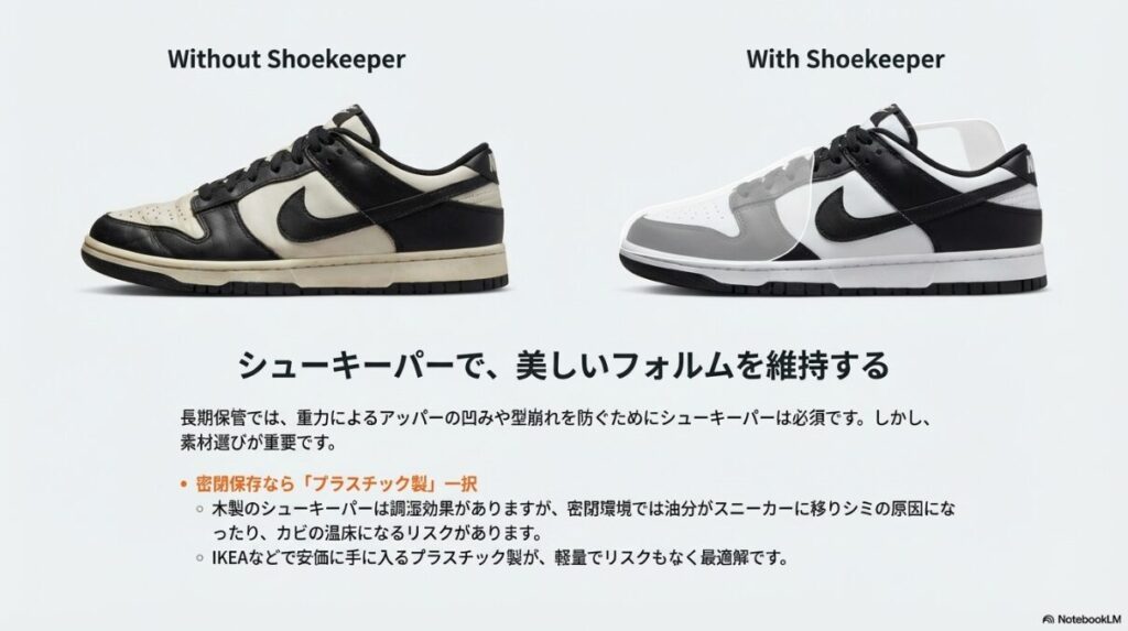 シューキーパーを入れた状態と入れていない状態の比較画像。密閉保存においては木製ではなくプラスチック製が推奨される理由。