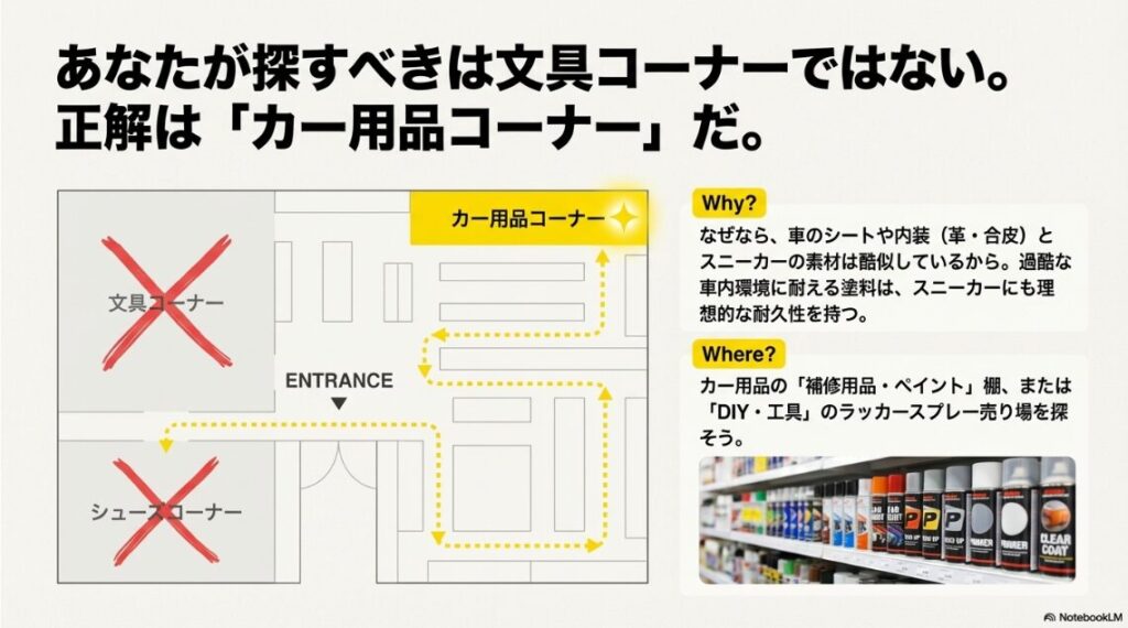 文具コーナーやシューズコーナーではなく、カー用品コーナーが正解であることを示す店内マップのイラスト。