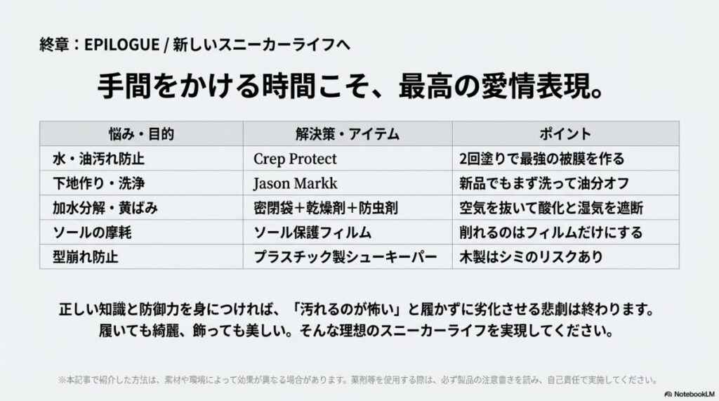 洗浄、加水分解、ソール摩耗、型崩れといった悩み別に、解決策とポイントをまとめた一覧表のスライド。