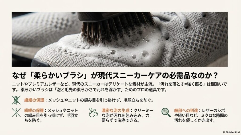 キャンバス、レザー、スエード、アウトソールなど、素材ごとの適切なブラシの種類と洗い方のコツをまとめた表。