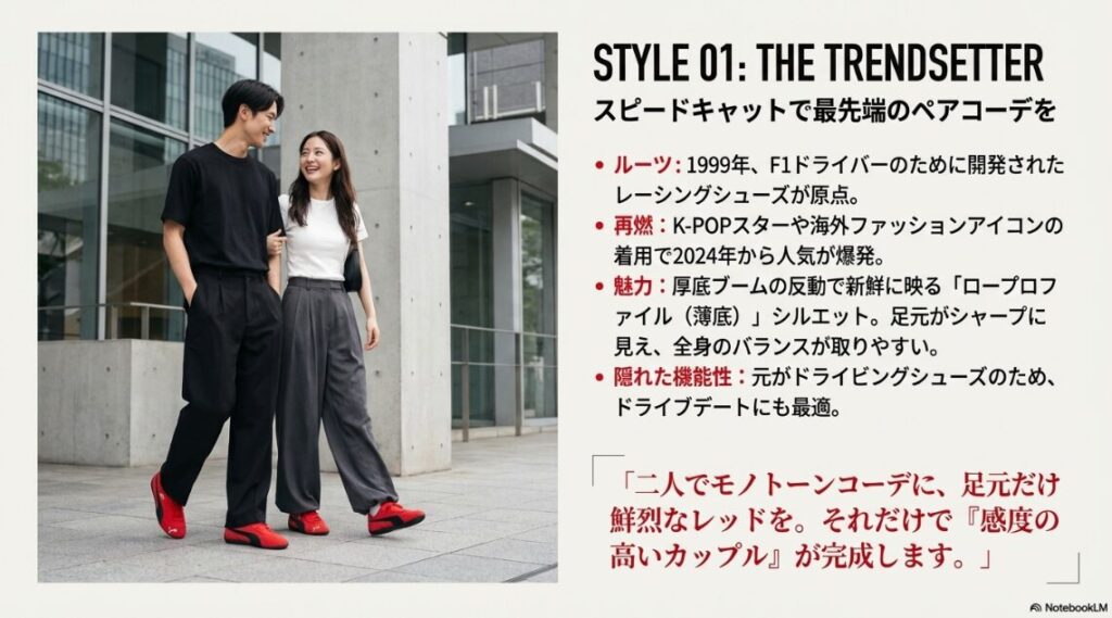 モノトーンの服装に鮮烈な赤いスピードキャットを合わせた、男女のペアコーディネート写真。