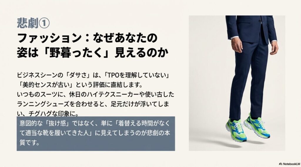 スーツ姿の男性が、足元だけ派手なランニングシューズを履いており、チグハグな印象を与えているイラスト