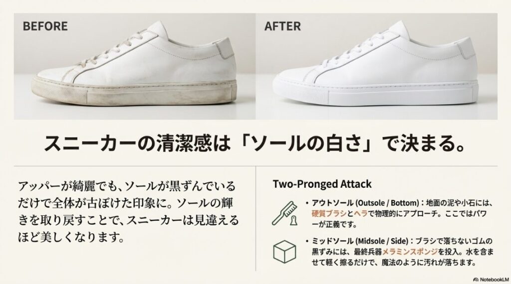 スニーカーのソール汚れが落ちて白く蘇ったビフォーアフター写真と、メラミンスポンジ等の活用法。