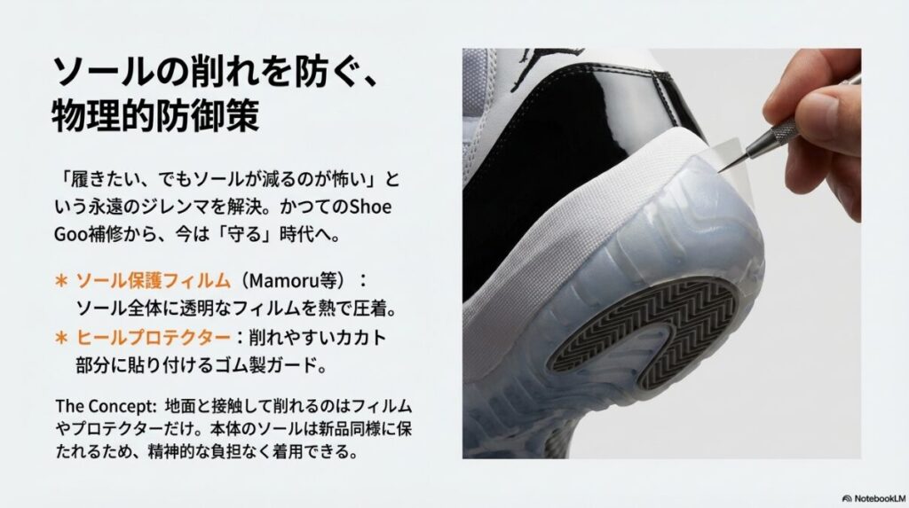 エアジョーダン11のソールにヒールプロテクターを装着している画像。フィルムやプロテクターで物理的に削れを防ぐ方法の紹介。