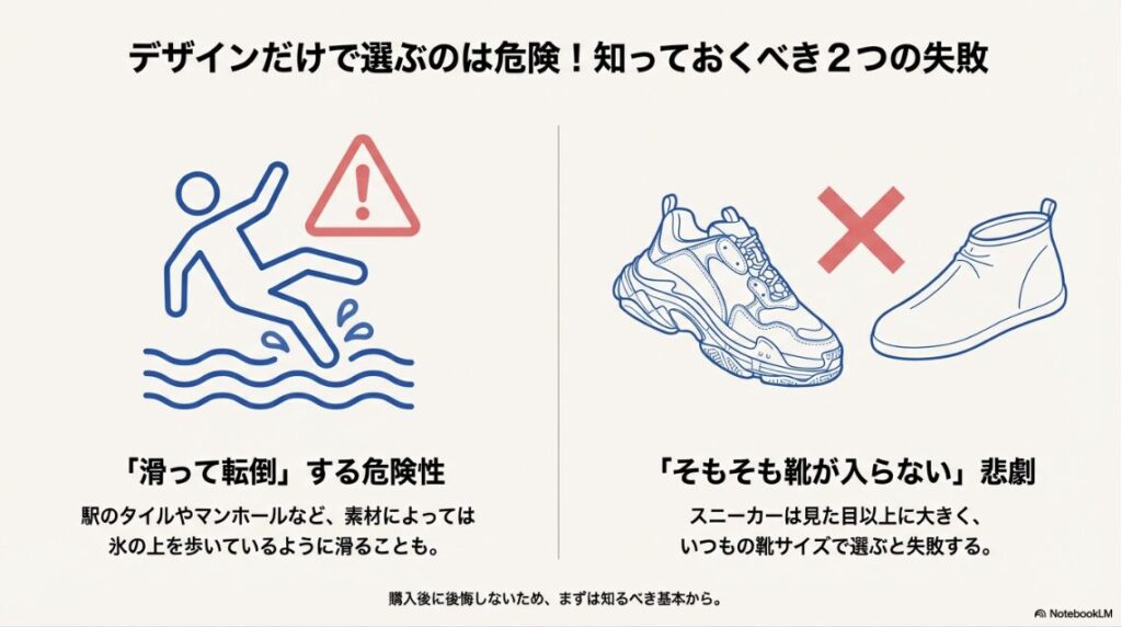雨の日に滑って転倒する人と、スニーカーの形状が合わずにカバーが入らない失敗例のイラスト。
