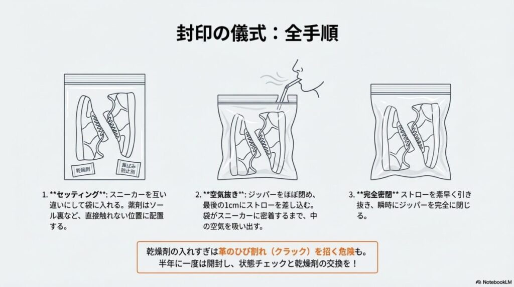 スニーカーを密閉袋に入れ、ストローを使って空気を抜き、真空状態にするまでの3ステップを図解したイラスト。