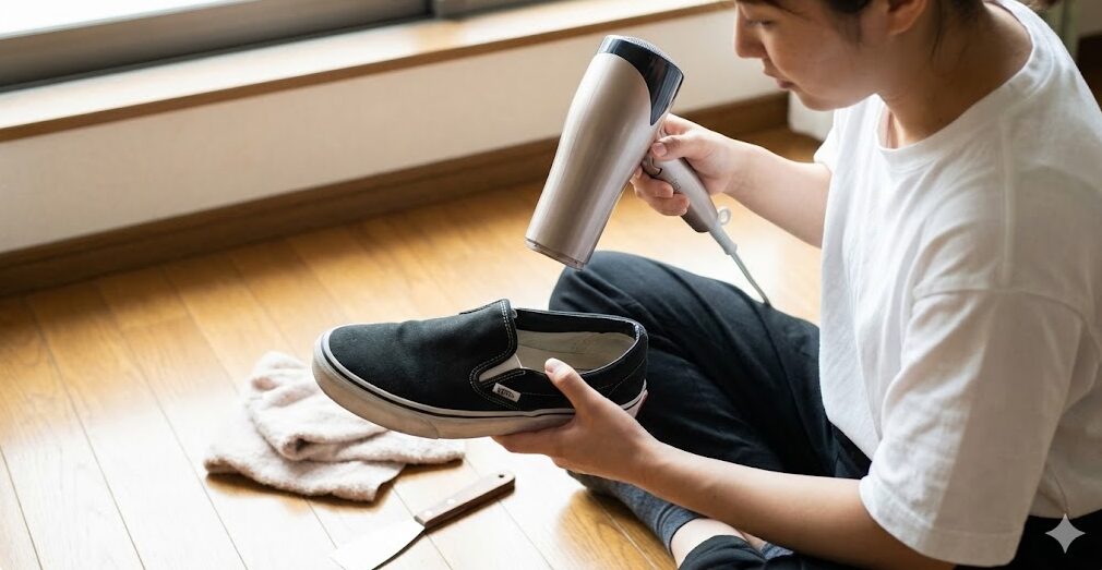 Vansスリッポンのインソール接着剤を緩めるため、ドライヤーの温風を靴内部に当てている作業風景。