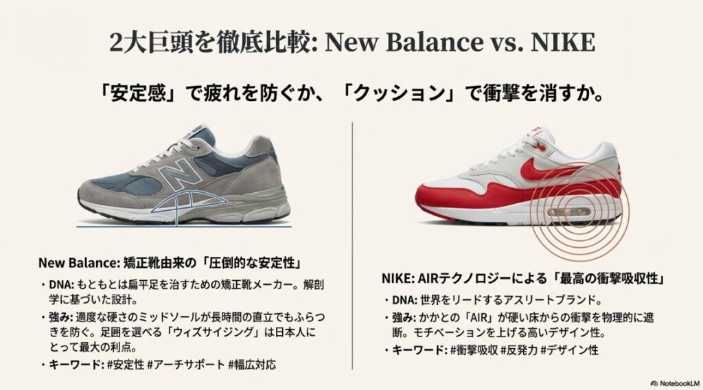ニューバランスの安定性重視のソール構造と、ナイキのエアマックスによる衝撃吸収構造の比較図