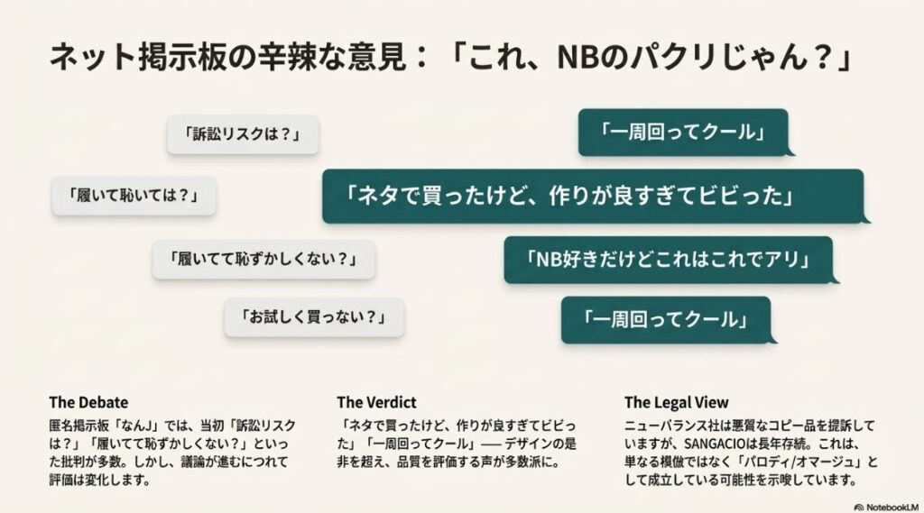 ネット上の批判的な意見と、実物を手にした後の肯定的な意見の対比をまとめたスライド。