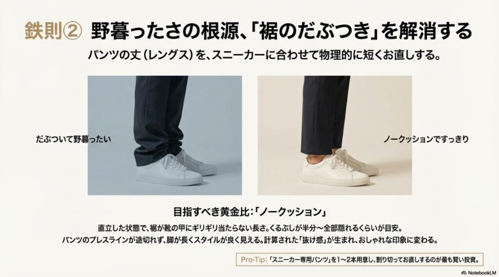 パンツの裾をスニーカーに合わせて短くお直しし、すっきりとしたシルエットになった足元の写真。