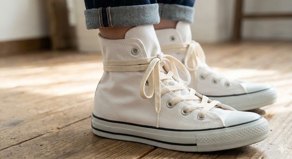 コンバースハイカットのデカ履き。足首の紐をきつく締めることで生まれる、踵浮き防止と砂時計型の美しいくびれシルエット。