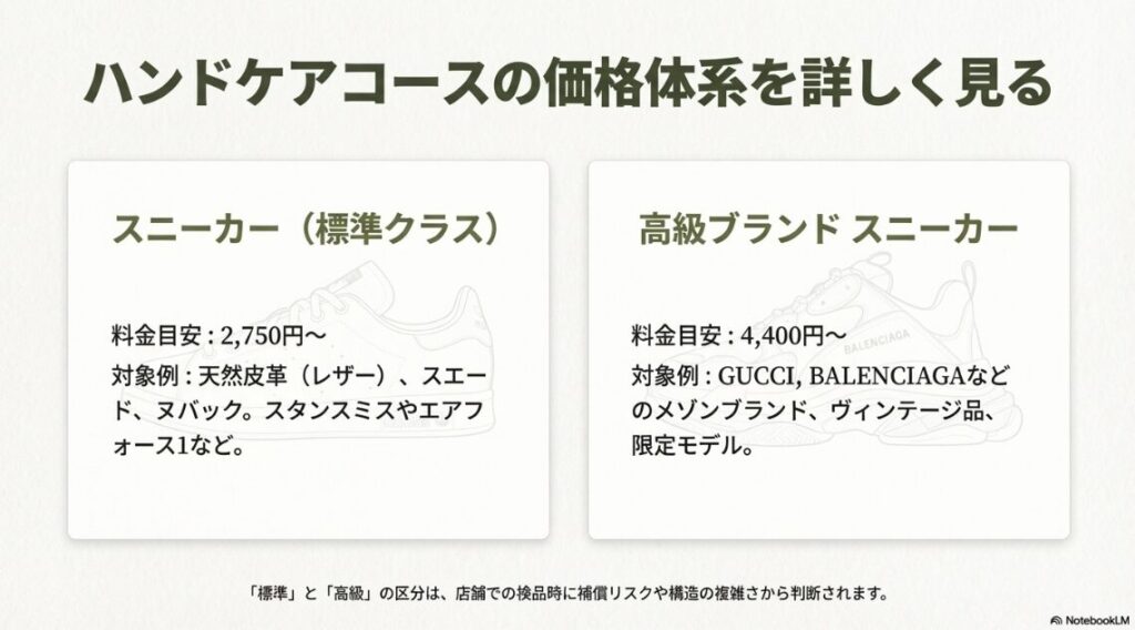 標準クラス（2,750円〜）と高級ブランドスニーカー（4,400円〜）の対象ブランド例（スタンスミス、GUCCI、バレンシアガなど）を示した料金表スライド。