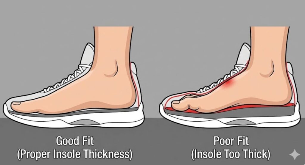 バッシュ内におけるインソールのフィッティング比較図。左側は適切な厚みのインソールで足が快適に収まっている状態、右側は厚すぎるインソールにより足の甲が圧迫され、つま先が窮屈になっている不適切な状態を示している。