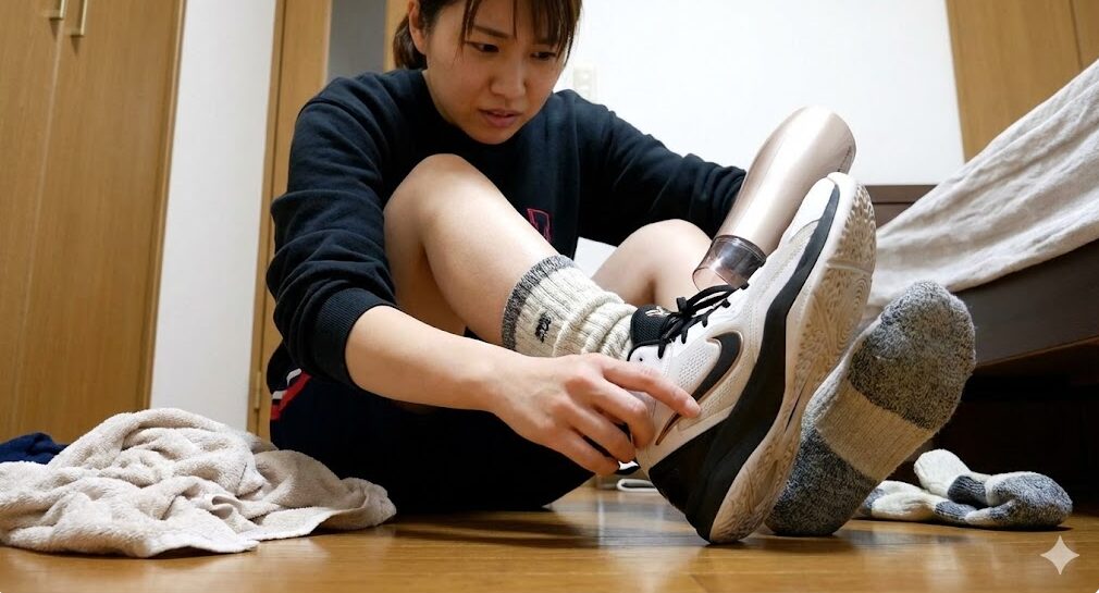 厚手の靴下を重ね履きした状態でバッシュを履き、きつい部分にドライヤーの温風を当てて幅を広げる調整作業の様子