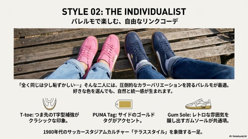 トレンチコートとベージュパンツでトーンを揃え、足元にオレンジとブルーのパレルモを合わせた男女の全身コーディネート写真。