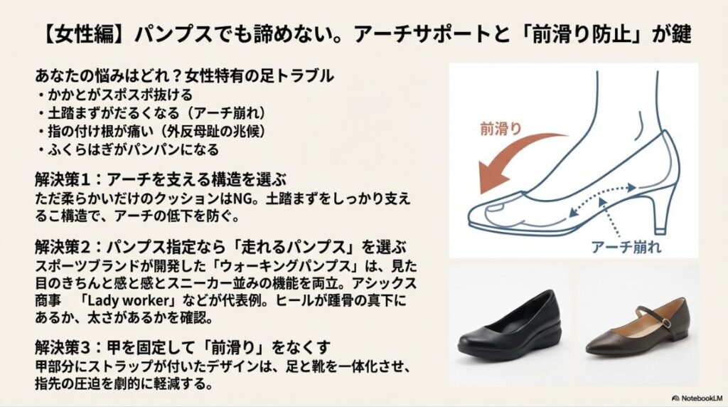 パンプスでの前滑りやアーチ崩れのメカニズムと、ストラップやアーチサポートによる対策法の図解