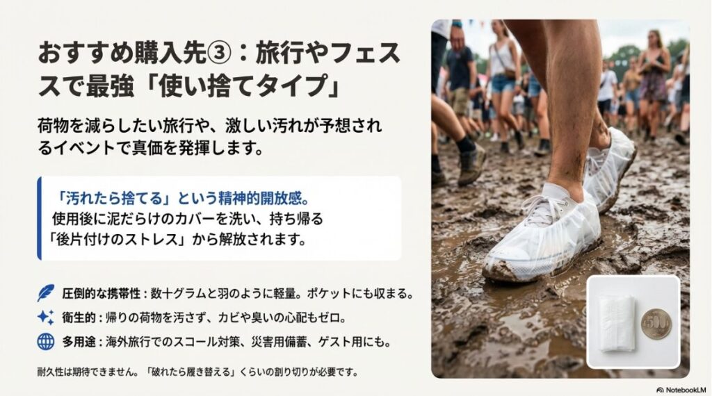 泥だらけの地面を歩く足元。使い捨てビニールカバーを装着しており、汚れたらそのまま捨てられるメリットを表現した写真。