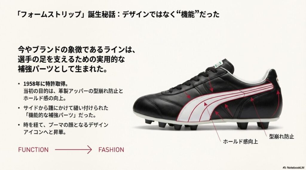サッカースパイクの側面にあるライン（フォームストリップ）が、革の型崩れ防止とホールド感向上のために縫い付けられていることを示す図解。