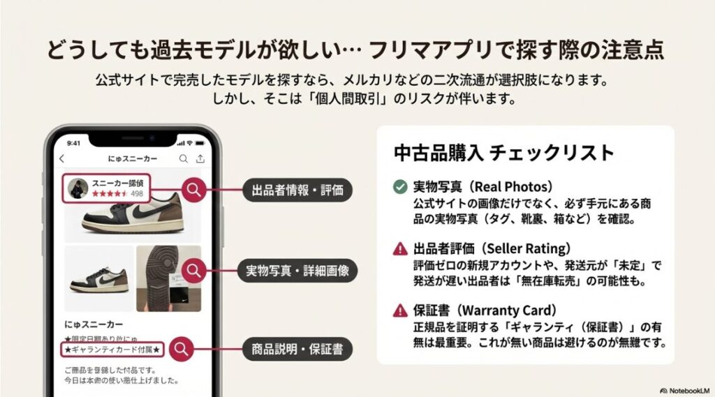 スマートフォンのフリマアプリ画面。出品者評価、実物写真、商品説明の保証書有無などをチェックする箇所に虫眼鏡マークがついている図。