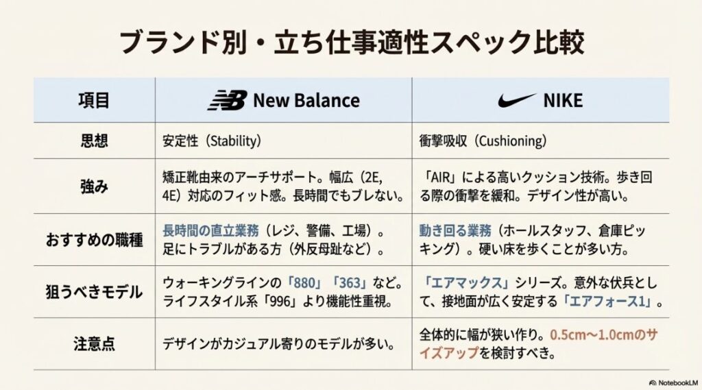 ニューバランスとナイキの思想、強み、おすすめ職種をまとめた比較表スライド
