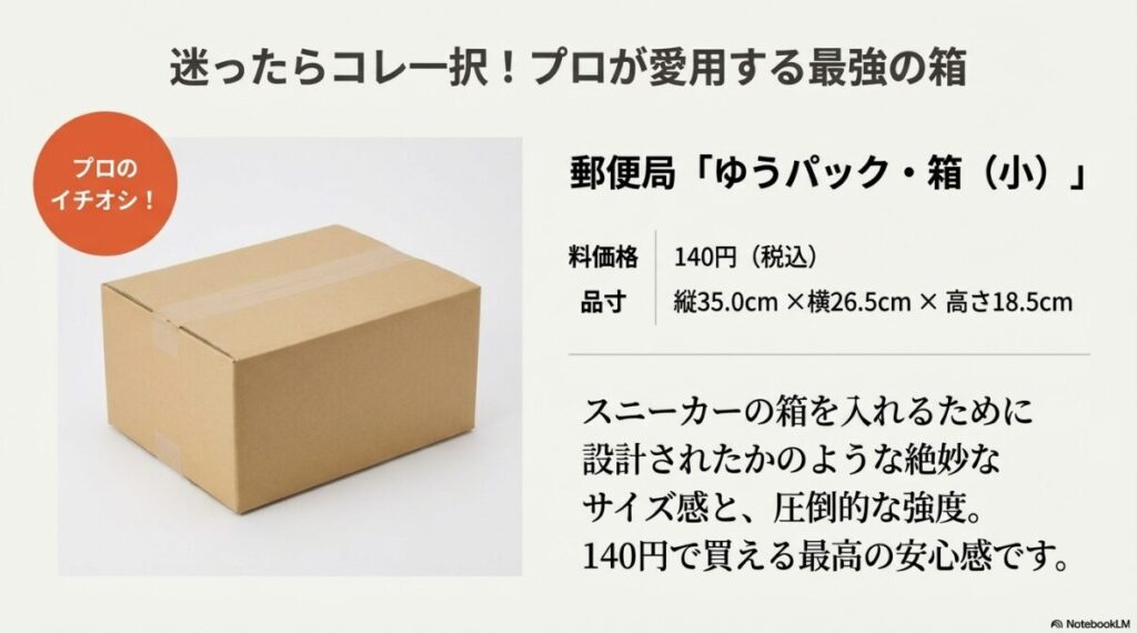 郵便局で販売されている「ゆうパック・箱（小）」のサイズ（縦35cm×横26.5cm×高さ18.5cm）と価格、スニーカー発送に最適な理由を紹介したスライド。