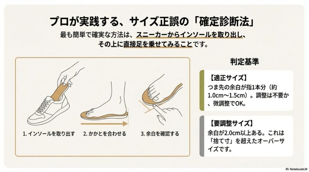 インソールを取り出し、かかとを合わせてつま先の余白を確認する3ステップの手順図。