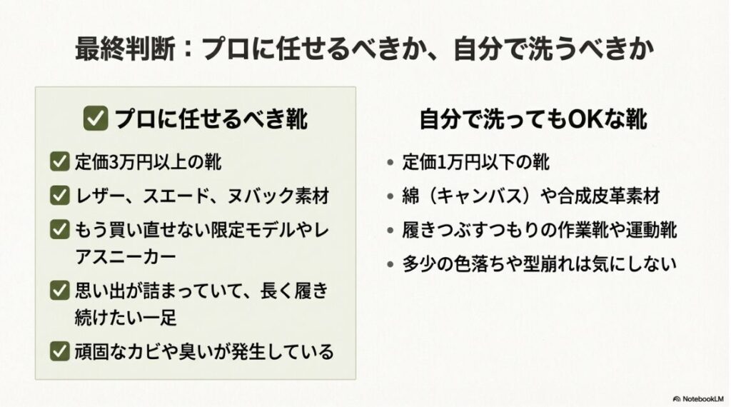 定価3万円以上やレザー素材は「プロに任せる」、定価1万円以下やキャンバス素材は「自分で洗う」といった具体的な判断基準をまとめたチェックリスト。
