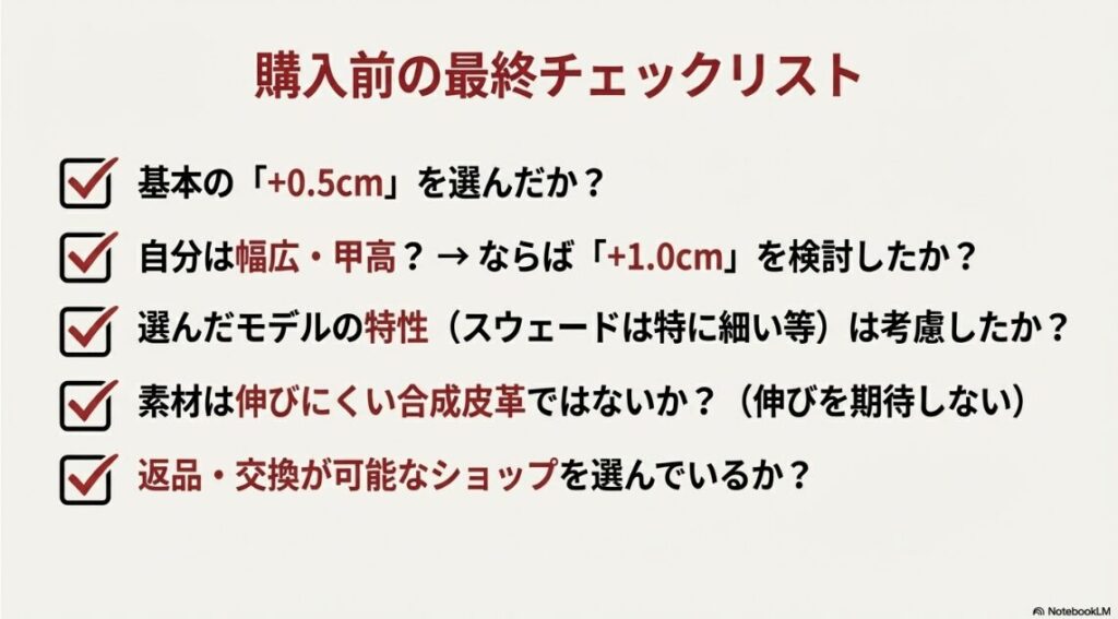 基本の+0.5cmを選んだか、素材やモデル特性を考慮したか、返品可能なショップかを確認する最終チェックリスト。
