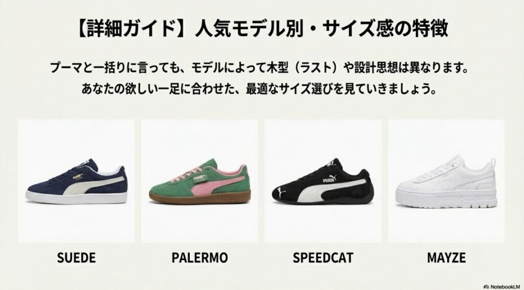 モデルによって木型や設計が異なることを説明。スウェード、パレルモ、スピードキャット、メイズの4モデルを紹介する導入スライド。