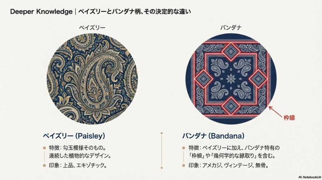 植物的な勾玉模様の「ペイズリー」と、枠線や幾何学的な縁取りを含む「バンダナ」のデザインパターンの違いを比較した円形図。
