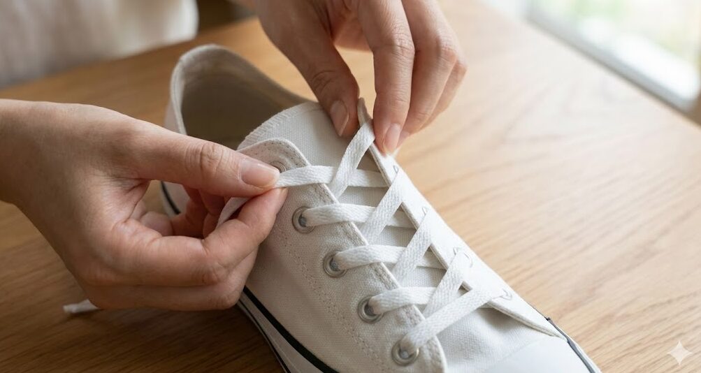 オーバーラップの通し方：靴紐を穴の外側（上）から内側（下）に向かって通している手元の様子。