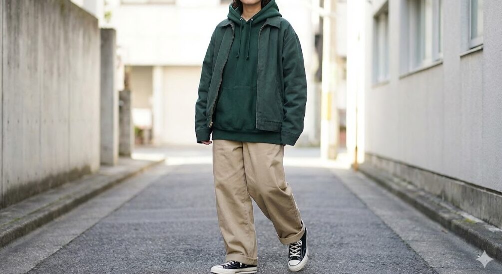 メンズのワイドパンツとコンバースデカ履きのコーディネート。パンツの裾がスニーカーに乗るワンクッションの丈感とAラインシルエット。