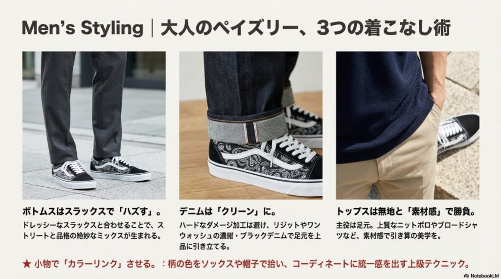 男性向けのVansペイズリー柄コーディネート例。スラックス合わせ、デニムのロールアップ、素材感のあるパンツとの組み合わせ写真。