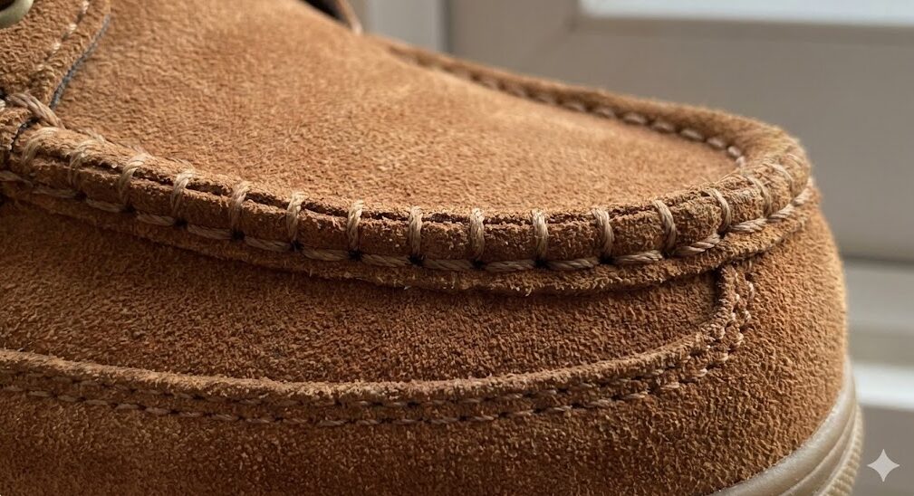 VANSカーバーローのつま先部分のクローズアップ。スエード素材のモックトゥデザインで、太い糸で硬く縫い合わされたステッチが特徴的。サイズ選びの注意点となる部分。