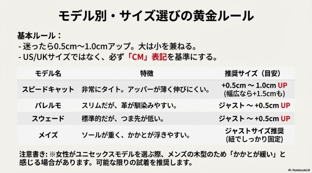 スピードキャット、パレルモ、スウェード、メイズそれぞれの推奨サイズアップ幅（+0.5cm〜1.0cmなど）をまとめた一覧表。