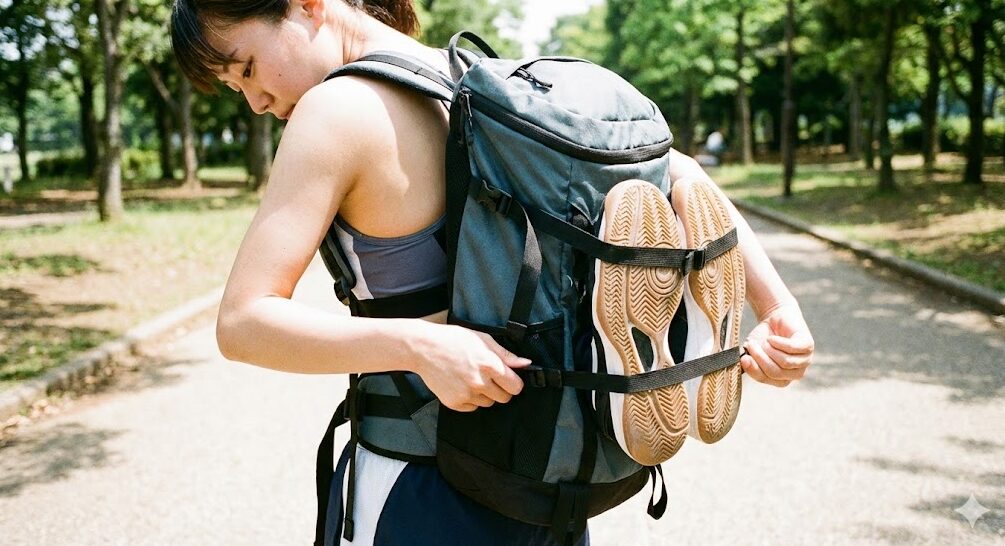 リュックのサイドコンプレッションストラップにバッシュを挟み込み、締め上げて固定する最強の安定テクニック。