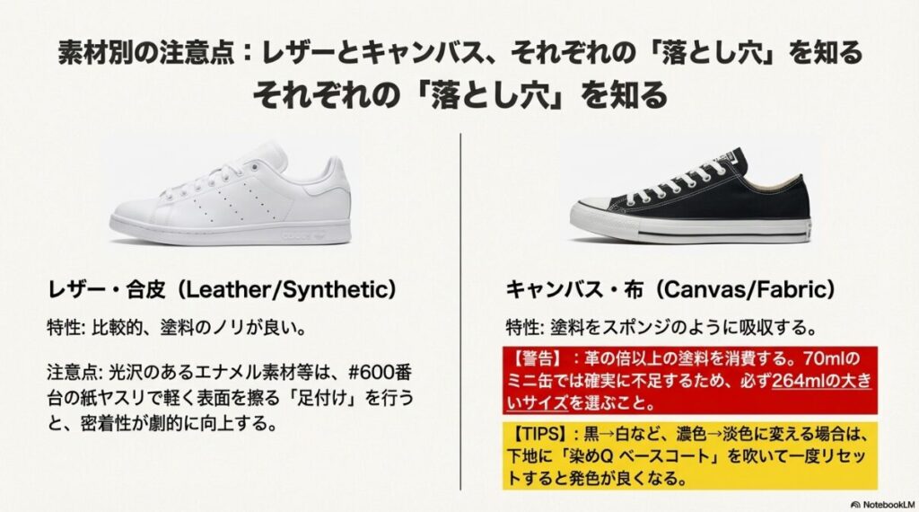 レザー素材のスタンスミスと、キャンバス素材のコンバースオールスターの写真。それぞれの塗装時の注意点が記載されている。