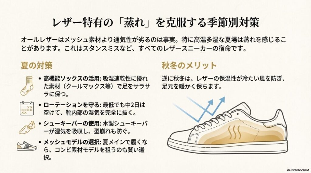 夏場の蒸れを防ぐためのソックス選びやシューキーパー活用、秋冬の保温性メリットの解説図。