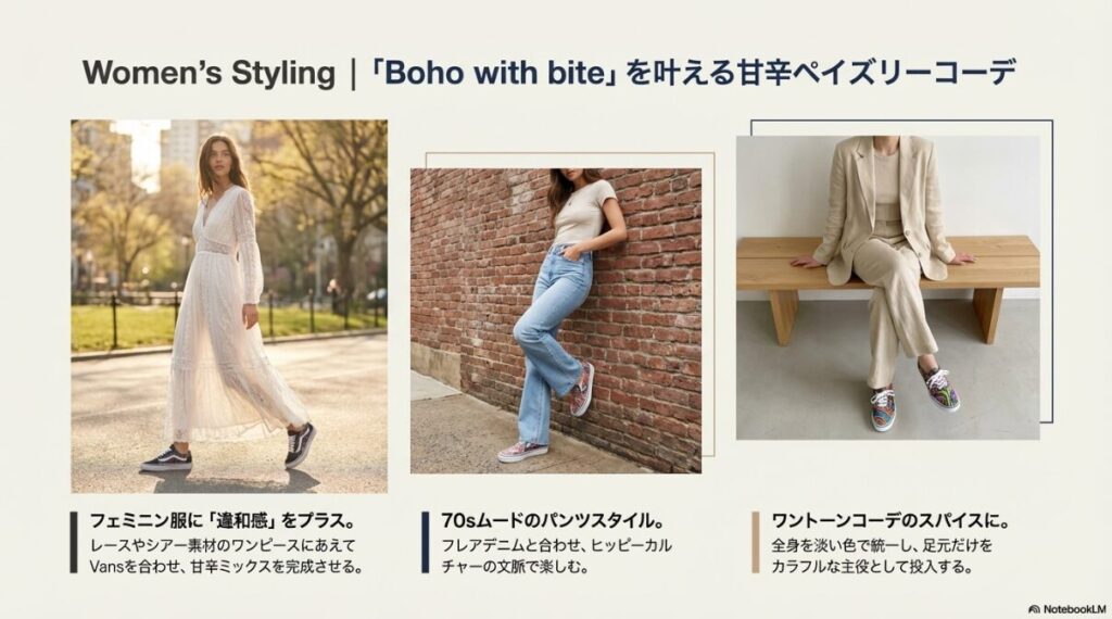 女性向けのVansペイズリー柄コーディネート例。フェミニンなワンピースやフレアデニム、セットアップに合わせたスタイリング写真。