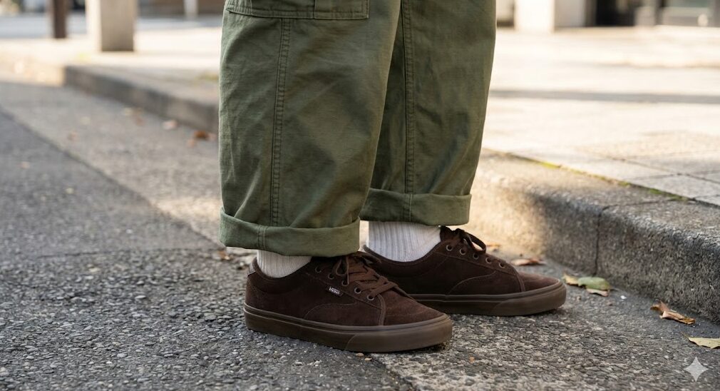 日本人男性の足元のストリートスナップ。太めのオリーブグリーンのカーゴパンツをロールアップし、白い靴下とダークブラウンのVANSカーバーローを合わせている。ワークスタイルとの相性の良さを示すコーディネート例。