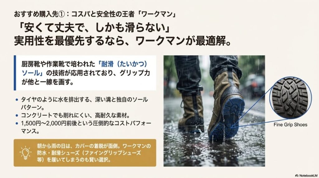 ワークマンなどの作業靴に使われる、深い溝と複雑なパターンが刻まれた滑りにくい靴底（耐滑ソール）の拡大写真。